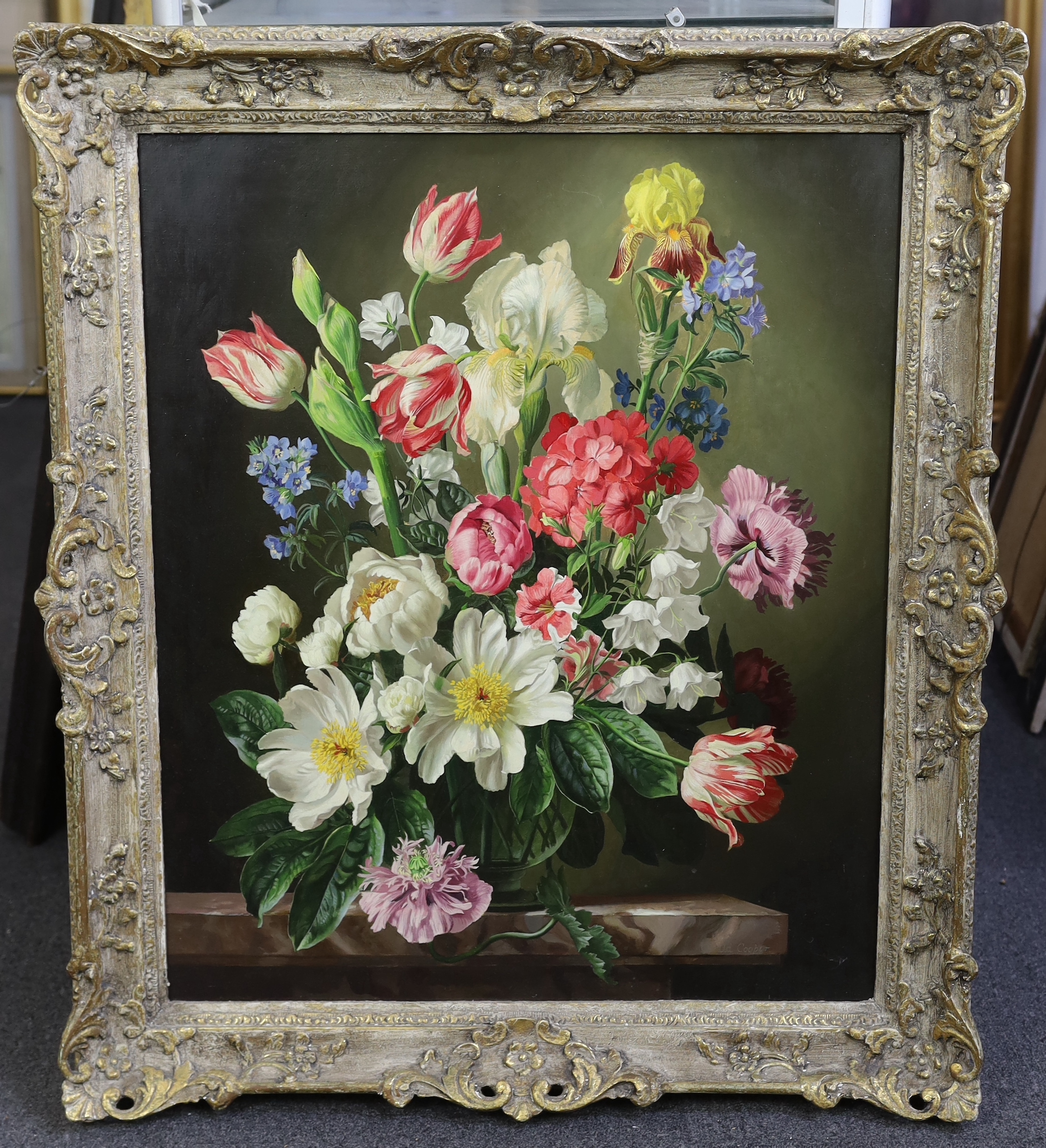 Gerald A. Cooper (British 1898-1975), 'Peonies, Tulips and Iris', oil on board, 75 x 62cm